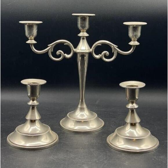 Vintage Silver-Plated 3-Pc Candle Holder Set 3-Arm Candelabra & 2 Single Holders - Picture 1 of 10